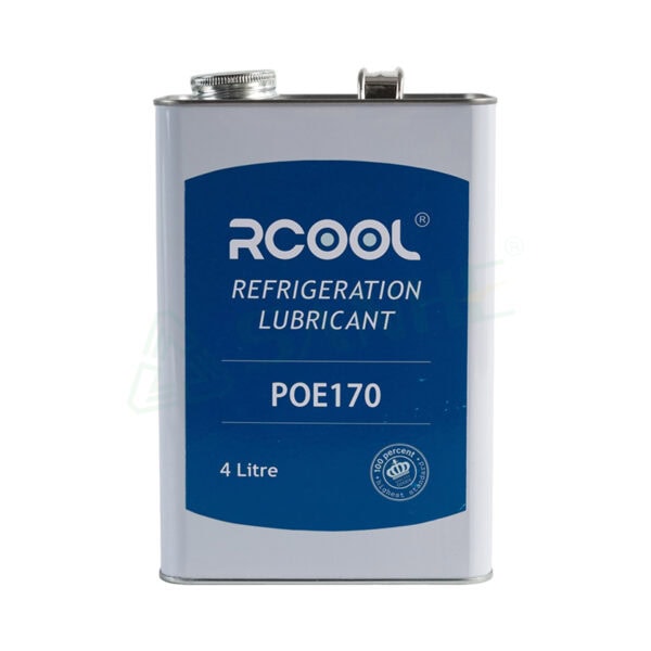 4L refrigerant oil container labeled POE170 for HVAC systems, featuring RCOOL branding and refrigeration lubricant specifications.